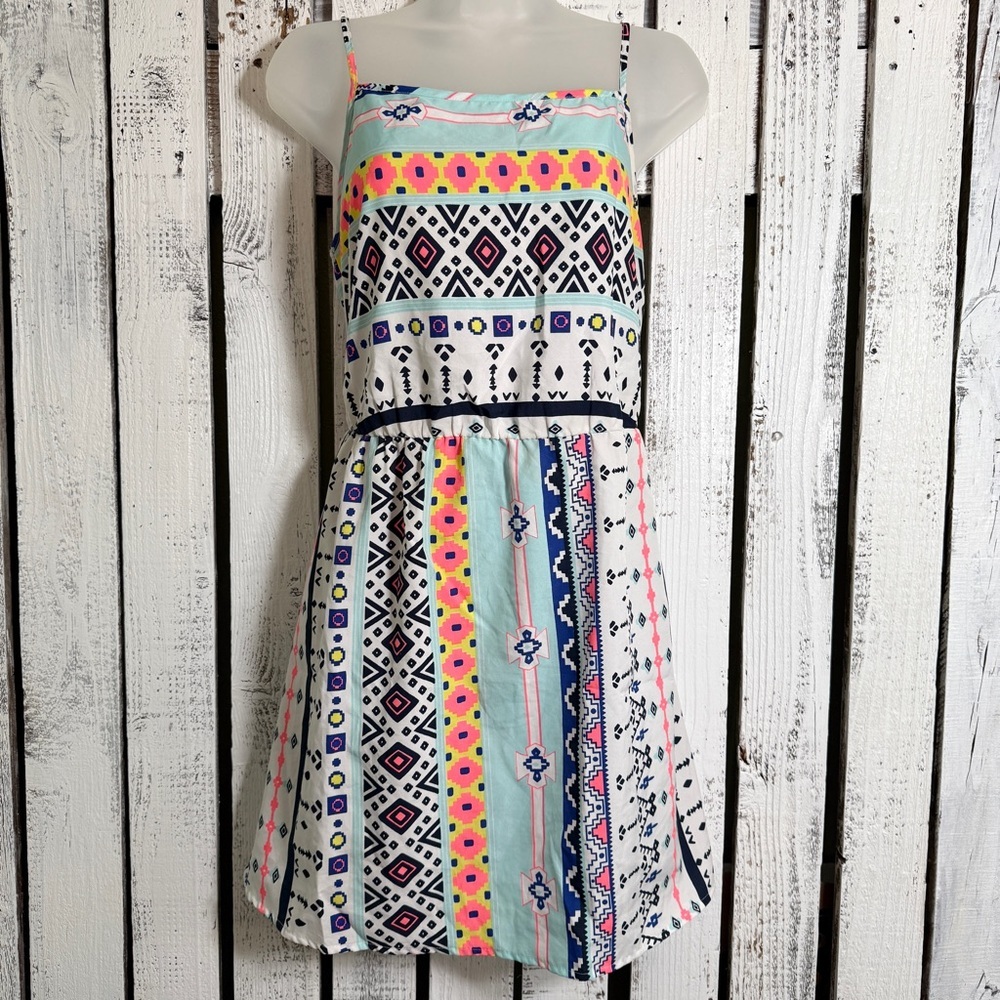 Sundress Aztec Geometric Print Neon‎ Size Large Boho Mini Lightweight Sleeveless